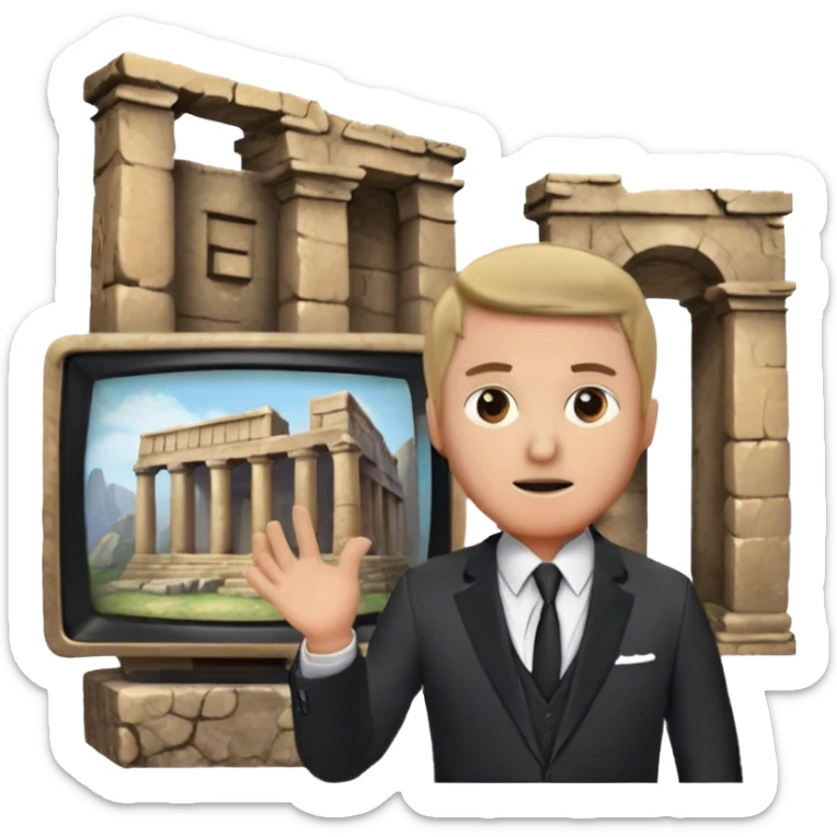 Icon for Documentary Film (TV style): a host presenting in front of video footage showing ancient ruins. The design should evoke a vintage TV broadcast with historical content, complete with a clear view of the host and the ruins behind. Transparent background. sticker