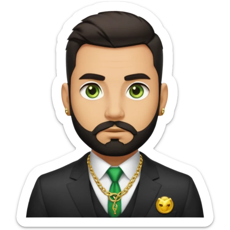 green eyes, dark short hair, muscular shoulders, gold chain, big lips big nose big eyes, masculine good looking, dark beard wearing a suit buttons of the shirt open and olive skin tone  sticker