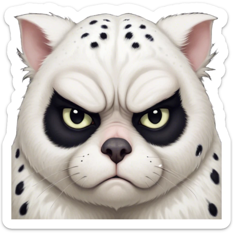 Cinematic Meme-Worthy Grumpy Dalmatian Portrait Emoji, Head held high but eyes filled with dramatic disappointment, smooth white fur speckled with striking black spots, deeply furrowed brow forming an unmistakable scowl, floppy ears slightly angled back in disapproval, piercing dark eyes glaring with pure exasperation, Simplified yet hilariously over-exaggerated features, highly detailed, glowing with an aura of supreme annoyance, high shine, exhausted yet judgmental, stylized with an almost regal pettiness, bright but brooding, soft glowing outline, capturing the essence of a companion that has seen it all and is thoroughly unimpressed, so meme-worthy it feels like it could instantly become the next viral sensation of grumpiness! sticker