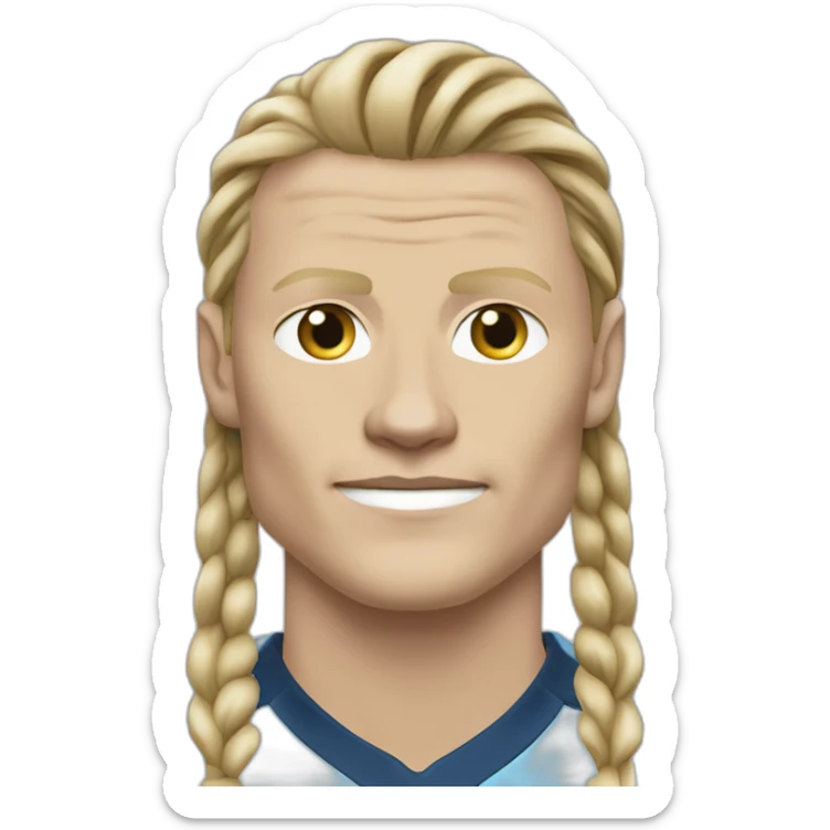 Realistic Erling Haaland has long hair, catogan. He is wearing Manchester City football shirt sticker