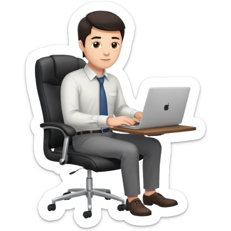 Rich man sitting on a office chair, working at desk, looking to laptop in shirt, dark hair, he is german very beautiful looks like, full body view sticker