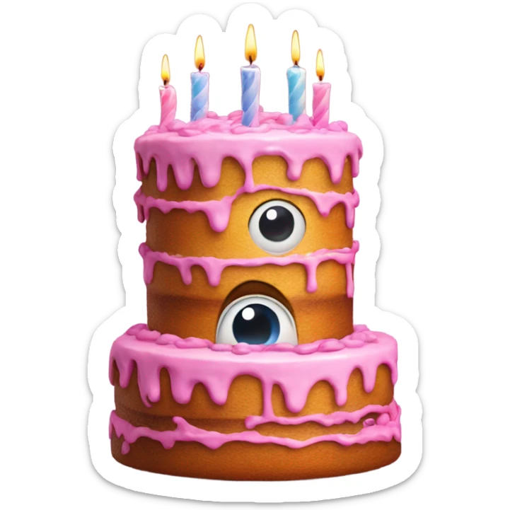 A big cake stacked on top of eachother with 3d eyes and has candles as its legs sticker