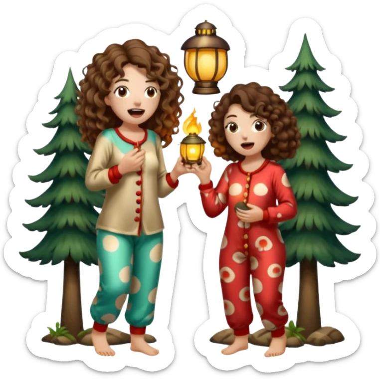 pajama forest duo — long wavy brown hair tattooed woman and short tight curly brown hair woman — mushroom pajamas yawning with lantern sticker