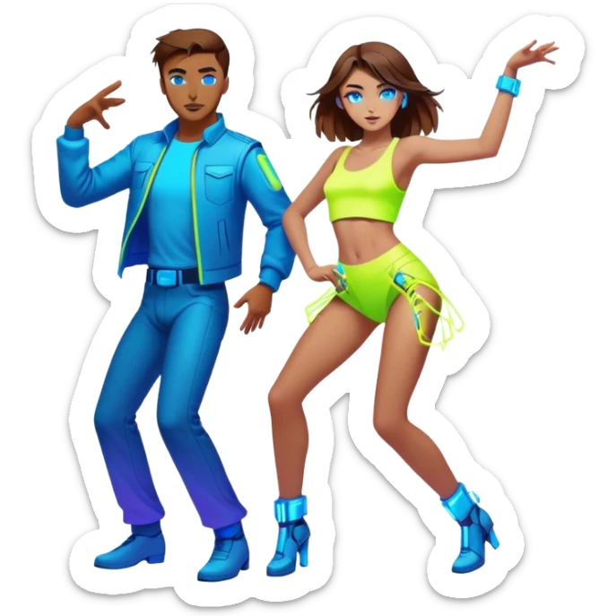 Neon cyberpunk style 
girl with brown hair and blue eyes dance with man sticker