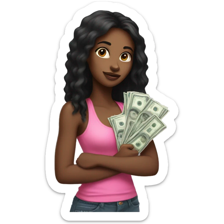 Black girl with long black hair and pink tank top on holding lots of money  sticker