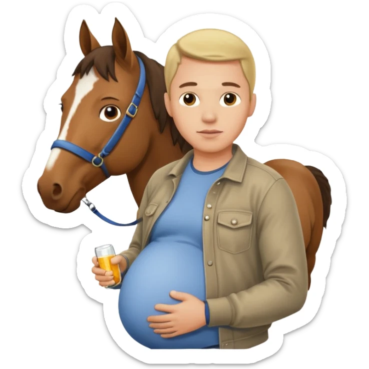pregnant man in casual wear near horse sticker