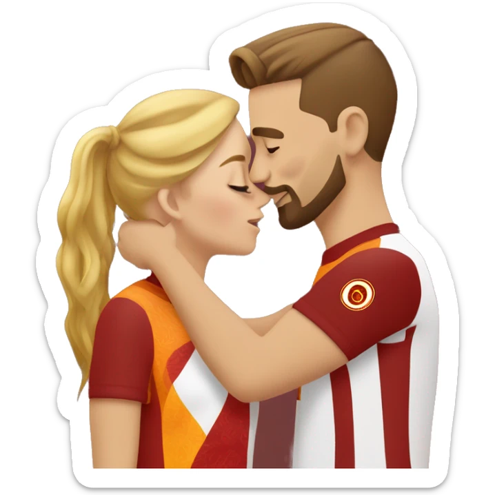 A blonde woman with a brown-haired man who has a goatee and shaved sides are kissing each other while wearing Galatasaray jerseys. sticker