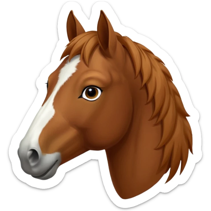 Head of a sorrel horse with a wide white blaze from his forehead, under his forelock, running down his face and under his muzzle, facing forward. White should go between nostrils and not on the side of the lips. sticker