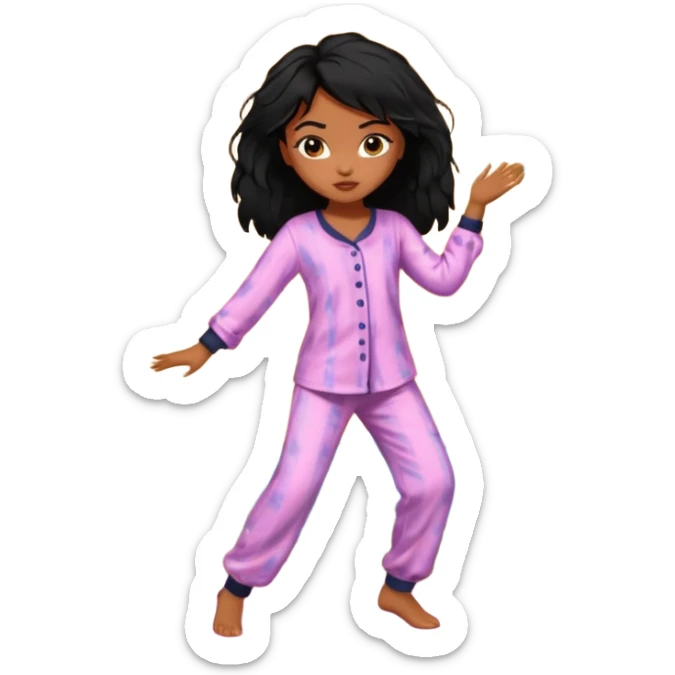 generate a pretty bratz brown skinned girl with messy black hair in pyjamas dancing in room sticker
