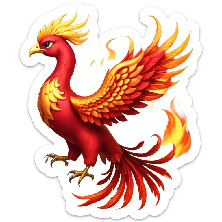 Cinematic Noble fierce & powerful Fire Phoenix Portrait Emoji, Poised and resplendent, with a radiant, fiery plumage in brilliant hues of scarlet, gold, and ember, featuring elongated, elegant tail feathers that flow like molten lava, and piercing, wise eyes reflecting the eternal cycle of rebirth; rendered with lifelike texture and luminous natural highlights, high shine, majestic and awe-inspiring, styled with an aura of mythic resurgence, focused and regal, soft glowing outline, capturing the essence of a legendary phoenix rising from the flames with timeless grace! sticker