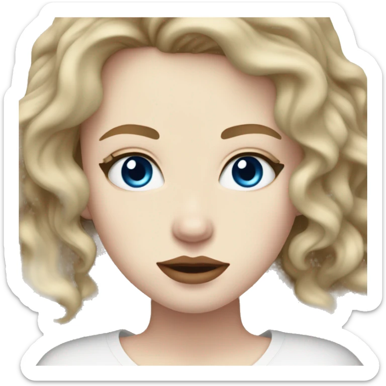 very pale skin, very wavy dark blonde hair, blue eyes, big lips, white shirt sticker