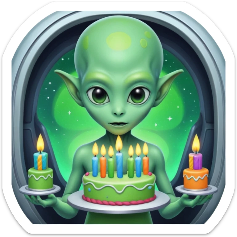 A detailed alien holding a colorful birthday cake with lit candles, standing inside a futuristic spaceship, cinematic lighting, ultra realistic textures, high resolution, dramatic shadows, sci-fi atmosphere
 sticker