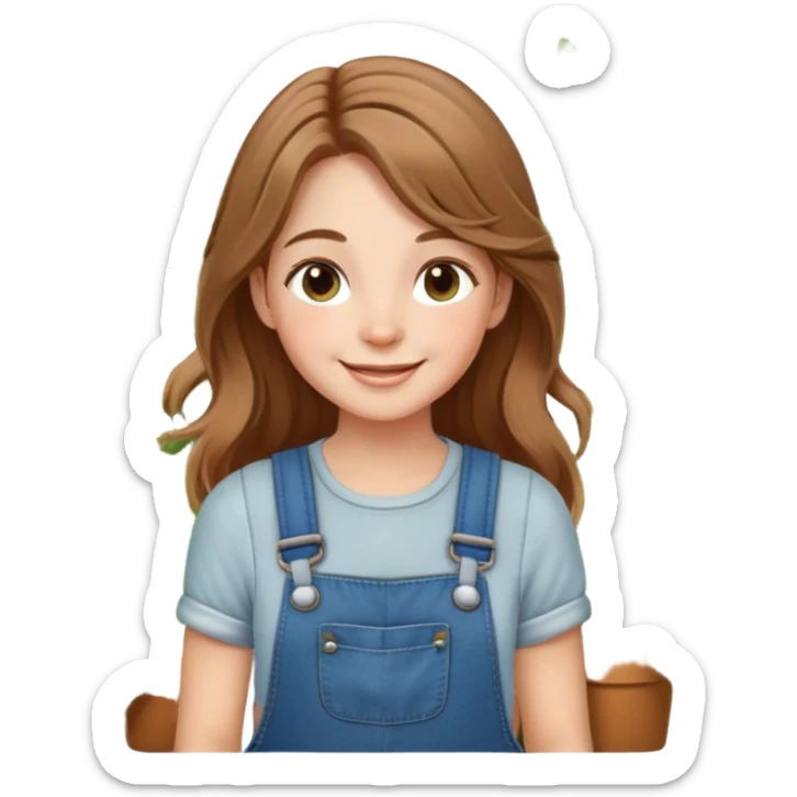 Fair skin, light brown hair, farm girl with dungarees, plants around, smiling sticker