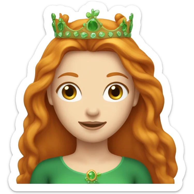 Ginger woman with a long straight hair and green eyes and a crown sticker
