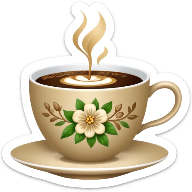 Cinematic Realistic sophisticated cup filled with khaki coffee with flower ornament sticker