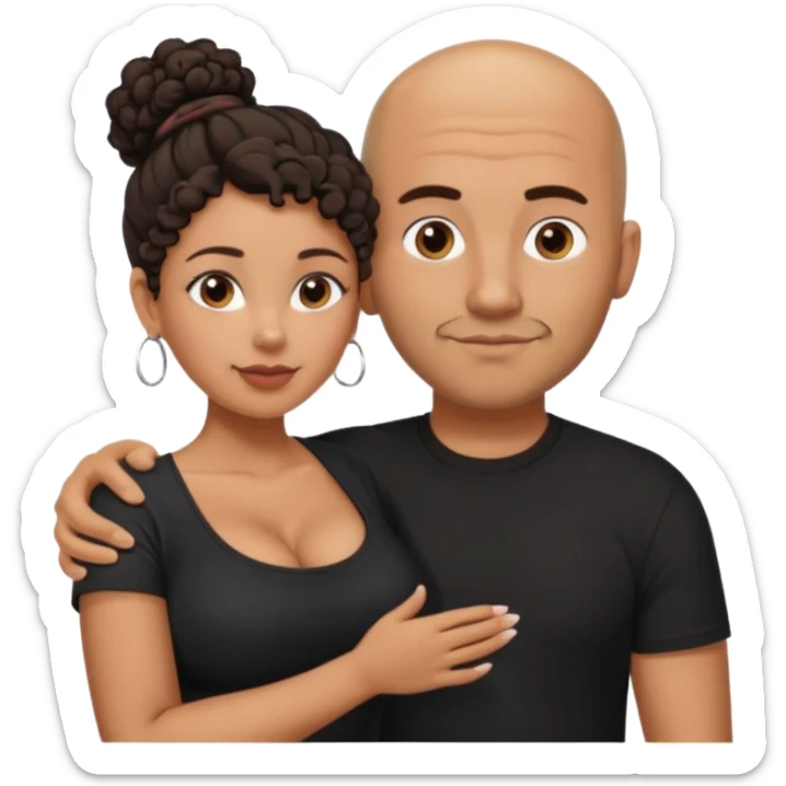 A picture of a tanned couple with the man's arm on her. the man is a Mexican man with tanned skin, a bald hair cut, short beard and wearing a black shirt. the woman is mixed, with curly dark brown hair in a messy bun and with big boobs  sticker