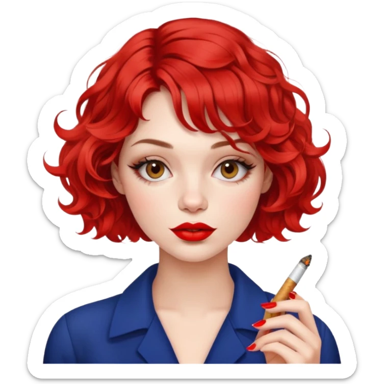 Alluring French girl french wavy textured bob haircut tousled hair red lips and cigarette sticker