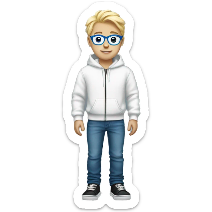 blonde boy with a white hoodie and black shoes and blue glasses and jeans sticker