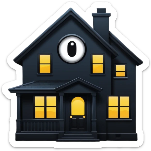 Minimalist emoji-style sticker of a house silhouette at night with a single lit window, and an eye visible inside. Flat, dark, quiet style.
 sticker