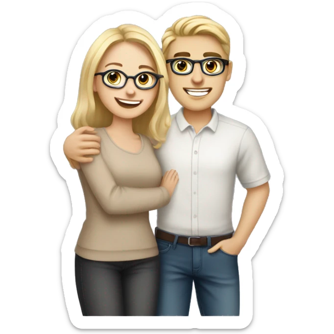 hugging couple, pretty young blonde woman with fair skin and handsome brunette wearing transparent glasses with light skin color sticker