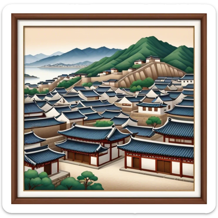 Cinematic Realistic Bukchon Hanok Village Landmark Emoji, depicted with traditional Korean houses set against a scenic backdrop rendered with detailed textures and warm, inviting lighting. sticker