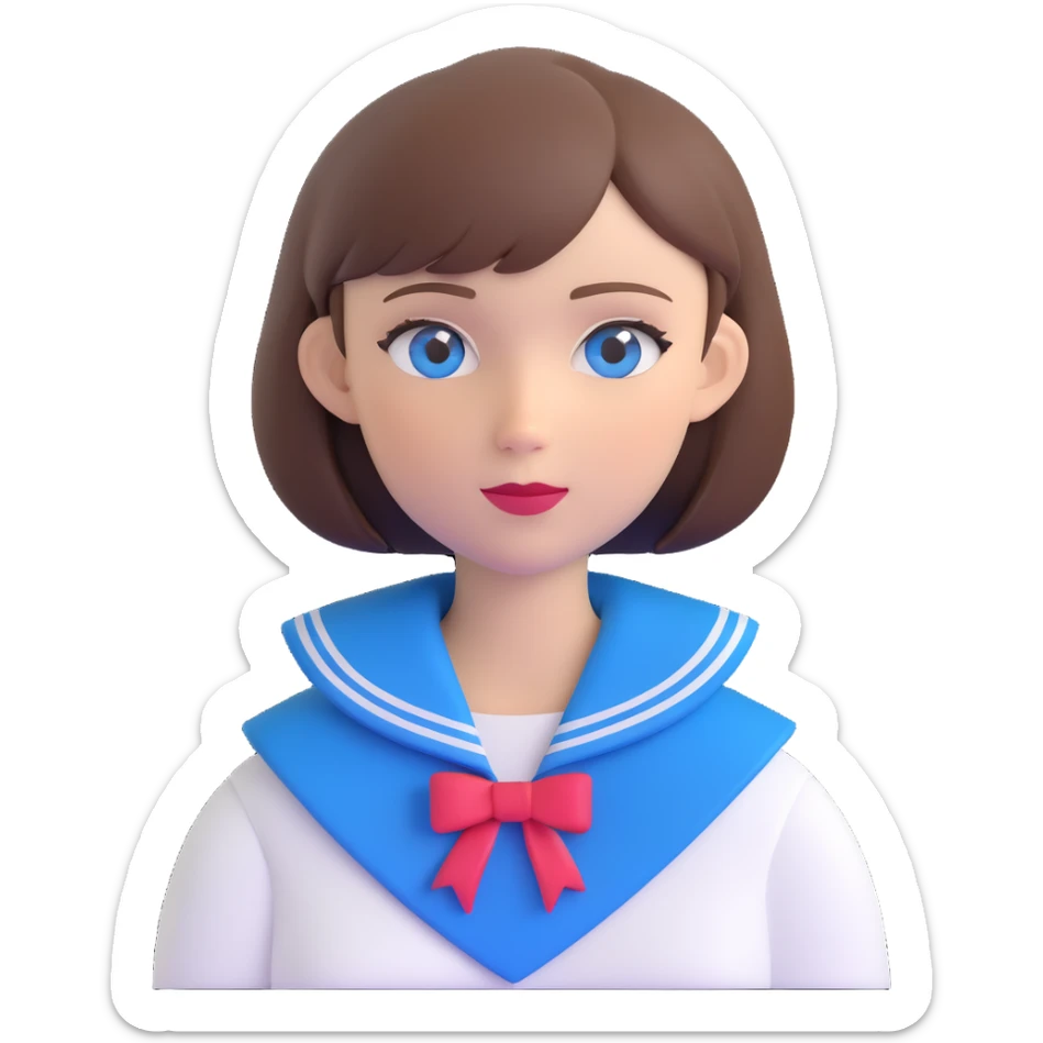 sailor woman with short brown bob haircut, blue eyes, transparent background sticker