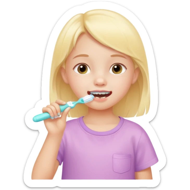 little girl brushing her teeth, pastel portrait, bright nourishing morning atmosphere, soft focus sticker