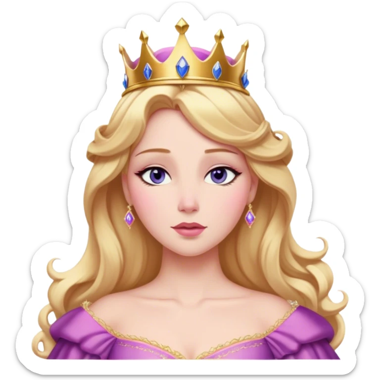 Cinematic Realistic Sleeping Beauty (Aurora) Portrait, with porcelain-like skin featuring a natural rosy flush, illuminated by soft lighting that highlights the gentle contours of her face. Her golden blonde hair flows in soft, detailed waves with subtle highlights that shimmer in the light. Her deep violet-blue eyes radiate warmth and innocence, framed by arched brows and long lashes. Her serene expression exudes quiet elegance. She is dressed in her classic pink gown, the fabric rich in texture with delicate folds that catch the light. A golden crown rests atop her head, gleaming with royal refinement. The portrait captures a soft, glowing aura, blending realism with an ethereal sense of beauty and timeless enchantment. sticker