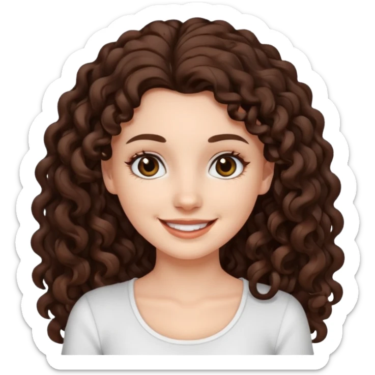 aesthetic white girl with dark brown long curly hair and black eyes  , white top sticker