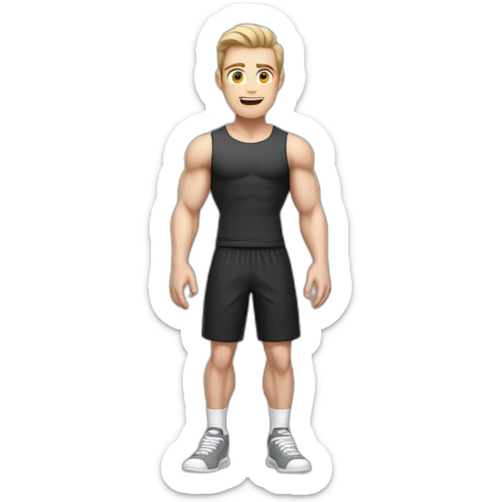 Surprised Pale skinned Fit Man With the biceps and dark brown hair in black shirt, gray sports shorts and white Sneakers sticker