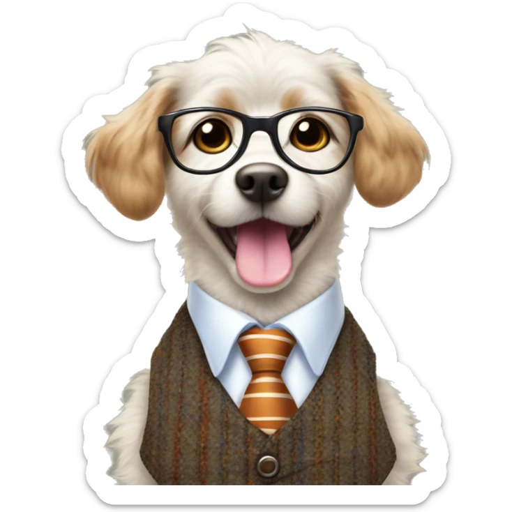 
The dog is small and fluffy, wearing a tweed vest, striped tie, and round glasses, giving it a playful, intelligent look. Its bright eyes and joyful expression, with its tongue sticking out, add to its cheerful charm sticker