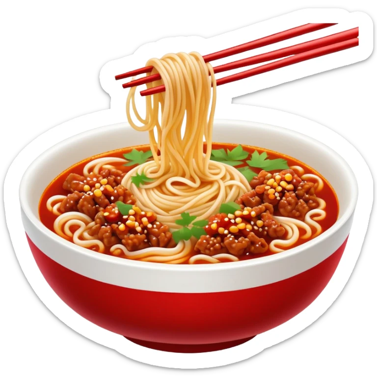 Chengdu Dan Dan Noodles with minced pork and chili oil, simplified emoji style with bold outlines and bright colors, cartoon style Sichuan street food in bowl sticker