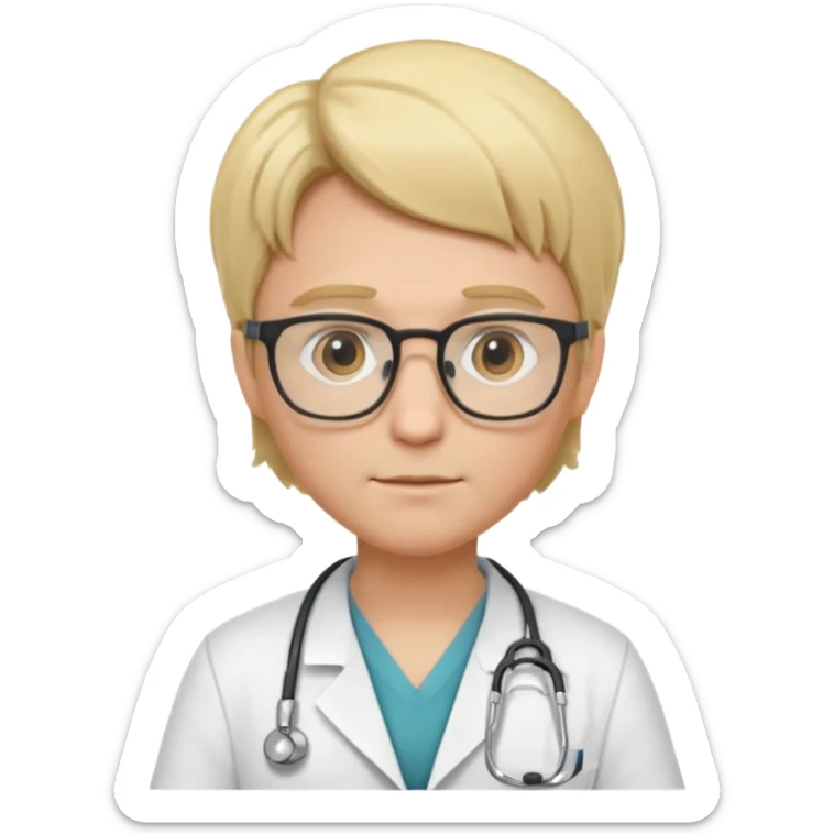 This is a cartoon-style avatar of a doctor with blond hair, glasses, and a neutral expression sticker