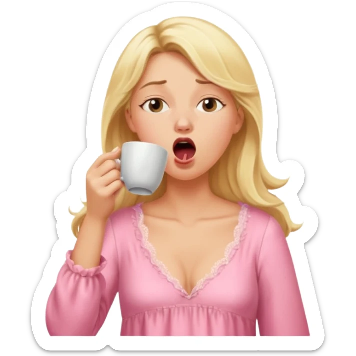 A blonde woman in a pink nightgown yawns, looking sleepy with dark circles under her eyes, drinking coffee, looking like she just woke up. sticker