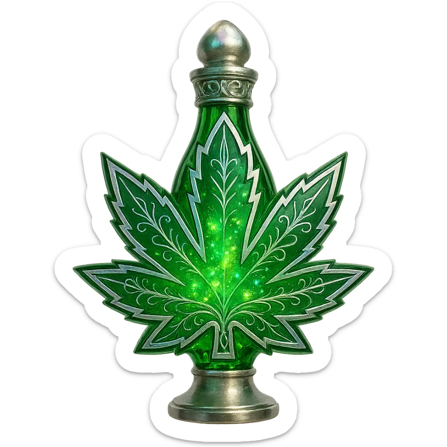 prabangus eliksyro buteliukas, kanapės lapo forma arba su kanapės motyvais, ryškiai žalia spalva, sidabrinės ir holografinės detalės, maksimaliai daug magiškų efektų, labai mažas kaklelis, vientisas dugnas, skaidrus fonas, buteliukas plūduriuoja ore, be pagrindo ar šešėlio, modernus, kolekcijai tinkamas sticker