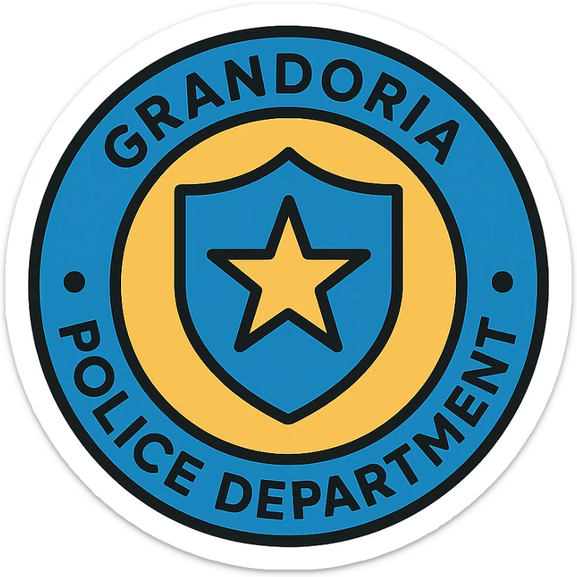 round police department logo with 'GRANDORİA POLİCE DEPARTMENT' text, star or shield, blue and gold color scheme, formal and authoritative style, detailed lineal color icon style sticker