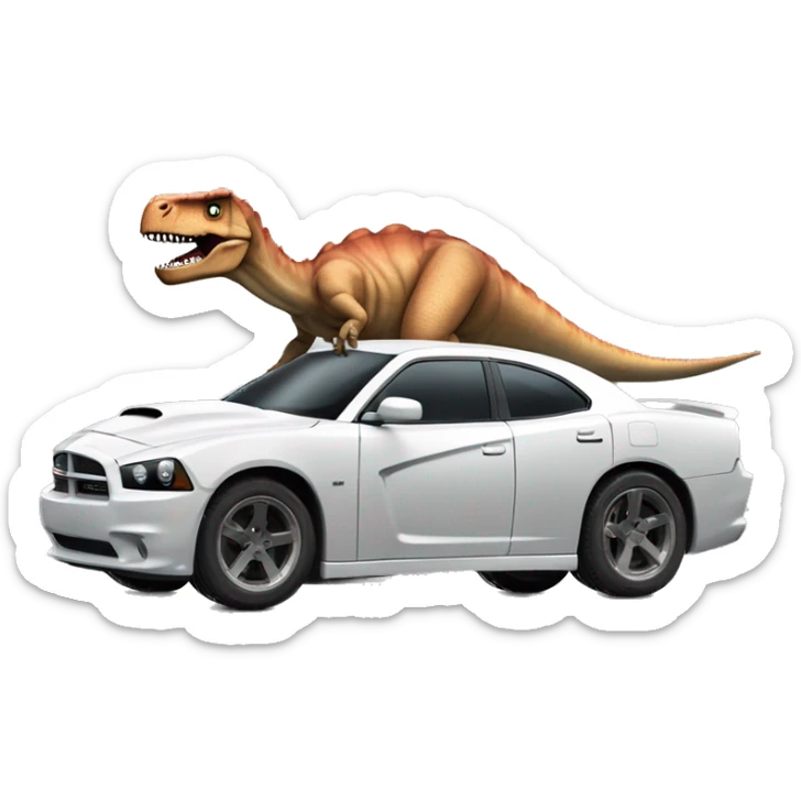 A dinosaur that looks like Vin Diesel in Fast and Furious driving in a Dodge Charger with a monster who looks like Paul Walker sticker