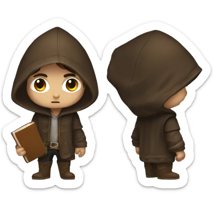 human male rogue with brown hair holding a book wearing a hood angry sticker