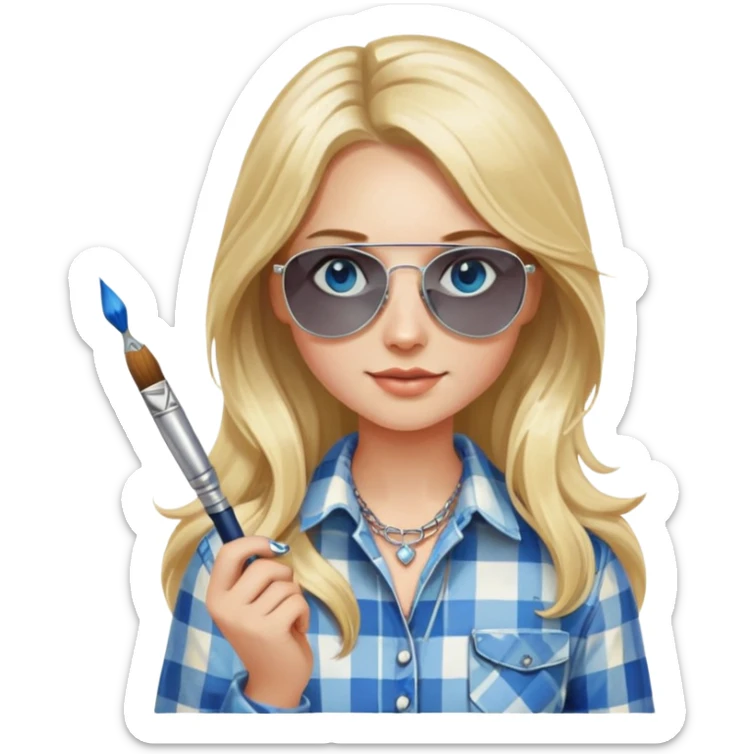 girl with long blond hair, wearing plaid shirt with blue eyes and aviator sunglasses wearing a ring on her silver necklace, holding a paintbrush sticker