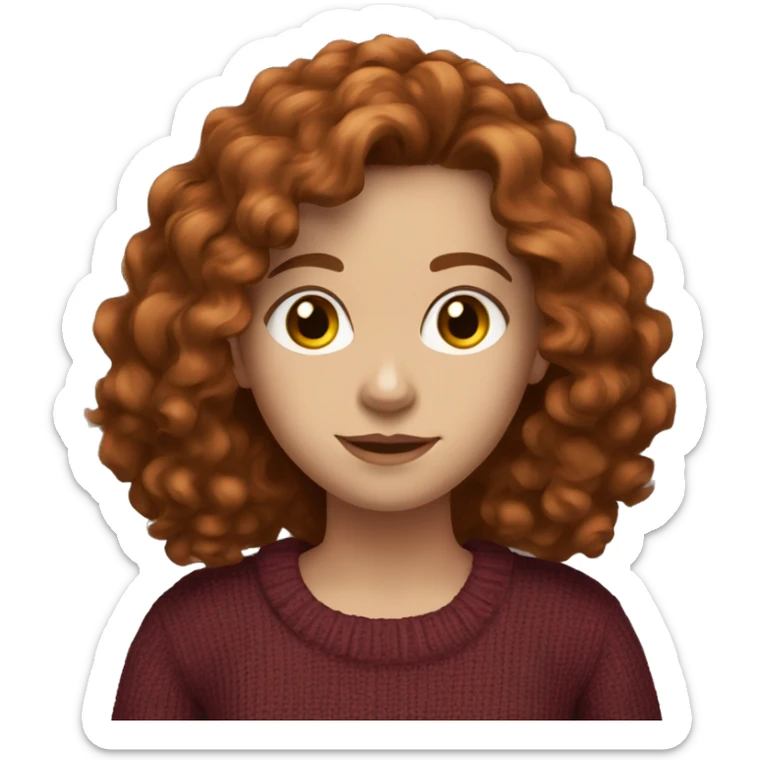 Girl with type long 3B big curly copper brown hair, medium dark brown eyes, pale skin, wearing a maroon sweater  sticker