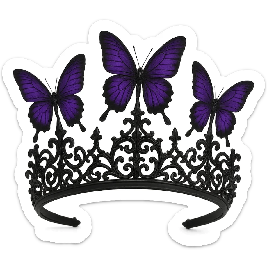 butterfly crown in matte black with purple butterflies and gothic filigree, mysterious and elegant sticker