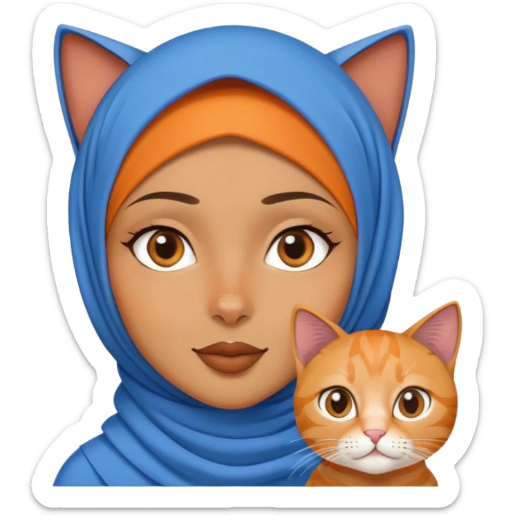 hijabi girl with blue hijab and brown skin. make her look really cool. and give her an orange cat sticker