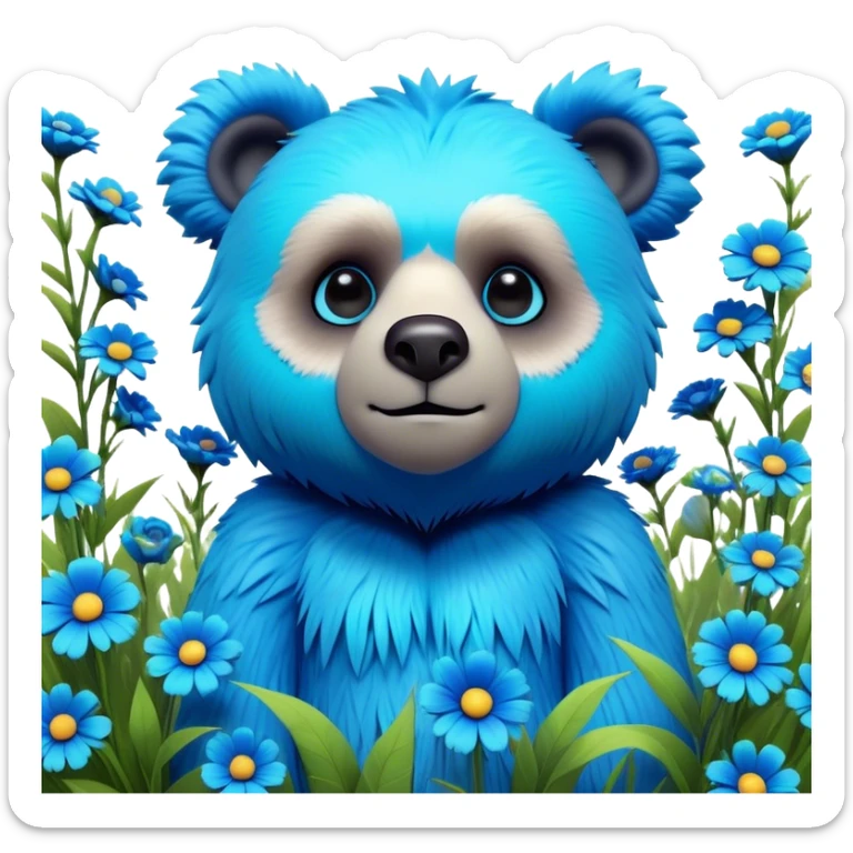 3D, adorable little Pixar style blue neon punk bear in a field of flowers, ultra detailed, each lash, eye, and strand of fur is shown in stunning detail as though captured in a timeless photograph, rich textures, visually rich, so lifelike it feels like it could leap off the page at any moment sticker