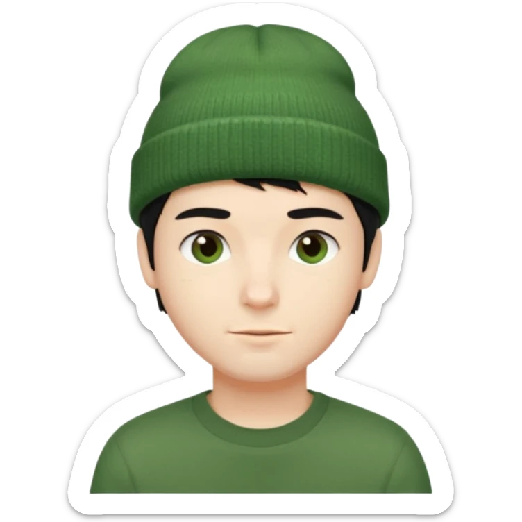 French guy with short black hair wearing a green beanie, casual vibe sticker