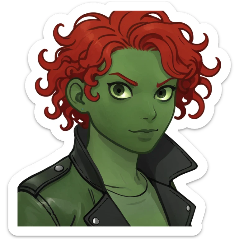 A person half human half zombie curly red hair wearing a black leather jacket sticker