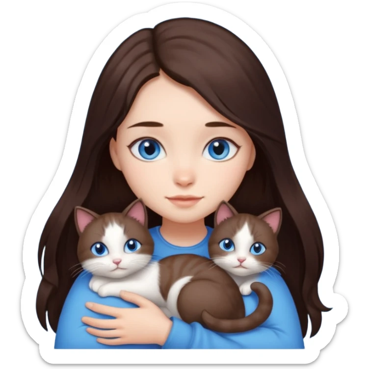a girl with long dark 
brown hair, with blue eyes, hugs 3 different natural coloured small cats sticker