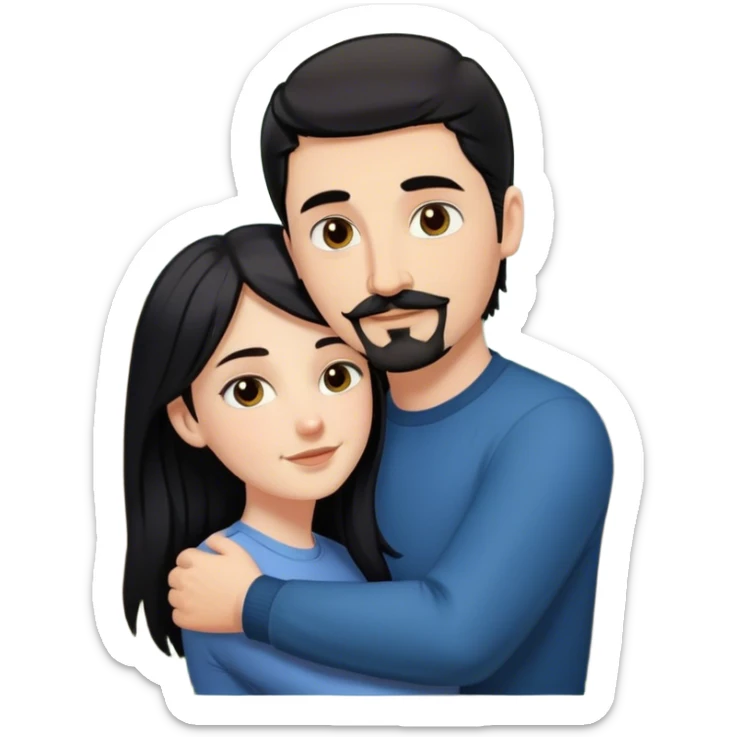 a white girl with long black hair, hugging a white guy with short brown hair goatee mustache, in forest sticker