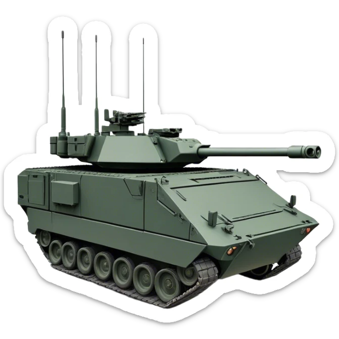 Stryker M1126 (2020) – Cinematic-realistic Stryker M1126 armored personnel carrier, its dark grey-green hull speeding down a war-torn street. The eight large tyres grip the cracked pavement as infantry hunker inside, the turret-mounted .50 cal machine gun scanning rooftops for threats under the eerie glow of distant fires. sticker