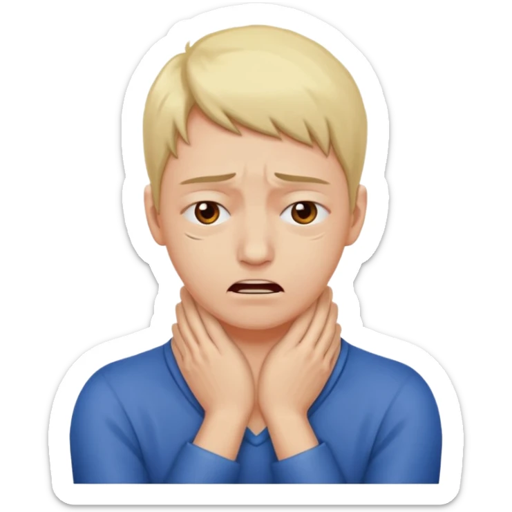 a bust of a person with both their hands around their neck with a face in pain sticker