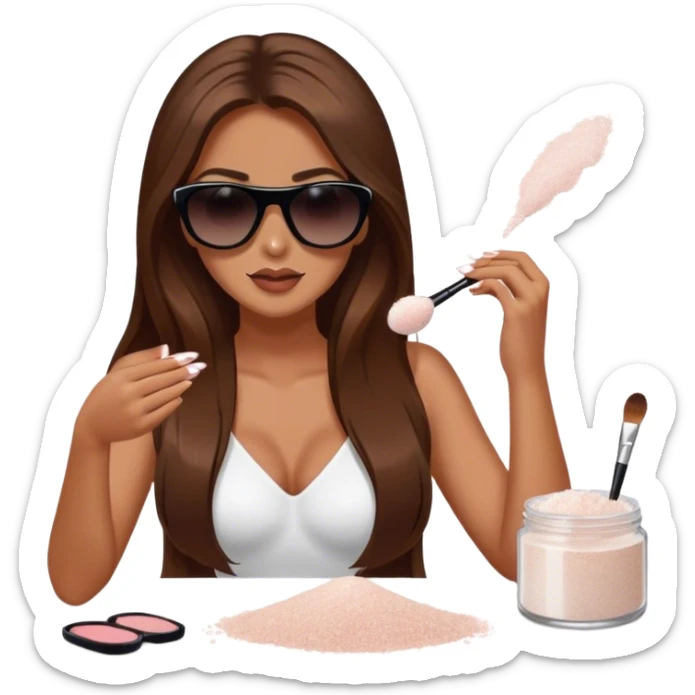 woman with long brown hair and sunglasses sprinkling salt that is falling from her hand onto some makeup that is on a table sticker